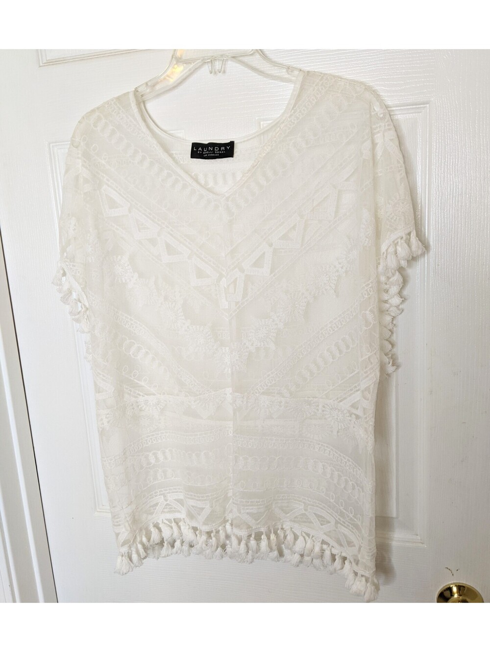 Laundry By Shelli Segal Ivory Lace Sheer Overlay Blouse Top Tassel Fringe Sz Lg